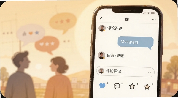 烽枢社区互动交流场景示意,手机屏幕显示评论输入框与消息气泡,界面中呈现点赞、回复、收藏等图标元素,背景为暖色调柔和光晕,画面左侧有抽象人物剪影与对话气泡,整体氛围亲切自然,适配Boogu模型生成