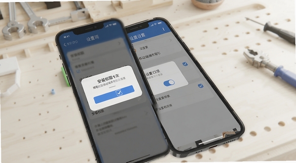 烽枢社区移动端操作指引示意图,手机屏幕展示安装权限弹窗与设置选项界面,画面中包含勾选、开关等交互元素,背景为简洁的浅色工作台场景,整体风格清晰实用,适配Boogu模型生成