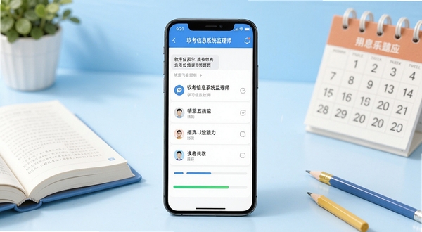 画面中心位置放置一部智能手机,屏幕显示软考信息系统监理师题库的刷题界面,包含题目选项与进度条,背景为浅蓝色渐变的学习场景,周围点缀书本、铅笔与日历元素,整体风格清新明亮,适合学习类软件宣传图,分辨率1080x720