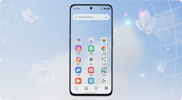 画面主体为一部竖屏安卓手机居中放置,屏幕内展示 Petal Browser 浏览器简洁首页界面,顶部为圆角搜索栏,中部为常用站点图标网格,背景为浅蓝到淡白的渐变虚化光晕,四周点缀半透明的花瓣形光斑与细线网格纹理,整体风格清爽现代,构图对称,突出轻快浏览的产品气质