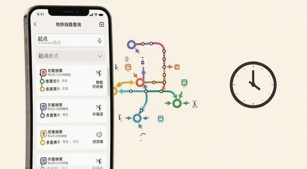 一款名为地铁线路查询的手机应用功能展示图,画面中手机屏幕显示起点终点输入框与多条换乘方案列表,旁边悬浮着彩色线路节点与箭头示意,背景为柔和的米白色,画面右侧放置一个简约时钟图标象征耗时参考,整体构图左右平衡,细节清晰,体现智能换乘规划的功能特色