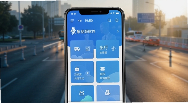 有象视频软件主界面全貌展示,画面中央为手机屏幕呈现蓝色调出行服务首页,上方为状态信息栏,中部为功能卡片区域,背景为虚化的城市道路与清晨光影,整体风格清爽专业,科技感与生活感兼具