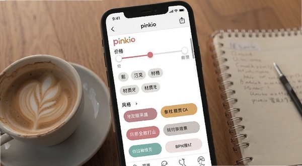 Pinkoi 应用中的商品筛选界面特写,展示价格滑块、材质标签和风格分类按钮,界面干净整洁,旁边配有一杯咖啡和笔记本,营造轻松购物氛围