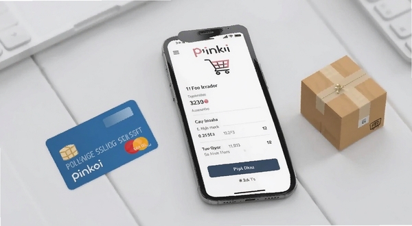Pinkoi 移动端购物车与结算页面示意图,手机屏幕显示订单确认信息,旁边有信用卡和包裹元素,背景为浅灰色桌面,风格简洁商务