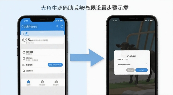大角牛源码助手安装与权限设置步骤示意,画面为手机设置界面与软件权限弹窗的组合构图,背景简洁浅色,突出操作引导感
