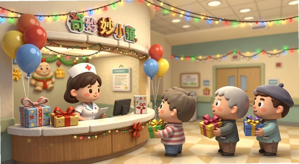奇妙小镇医院节日活动场景,医院大厅挂满彩灯和气球,护士站摆着节日礼盒,几位卡通患者拿着礼物排队,画面洋溢着温馨热闹的氛围,适配Boogu模型生成