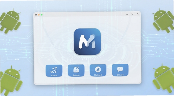 MoliInject 软件主界面展示,居中放置应用图标与功能入口,背景为浅色科技感渐变,四周点缀安卓系统元素与数据流线条,整体风格简洁清爽,适配软件下载站展示场景