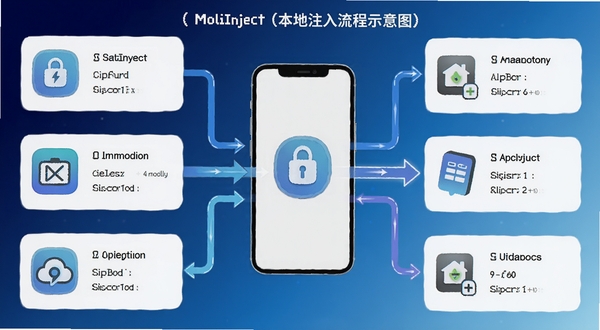 MoliInject 本地注入流程示意图,画面中央为手机设备与数据流箭头,周围环绕应用图标与配置选项,背景采用深蓝到浅蓝渐变,突出本地处理与安全可控的视觉主题