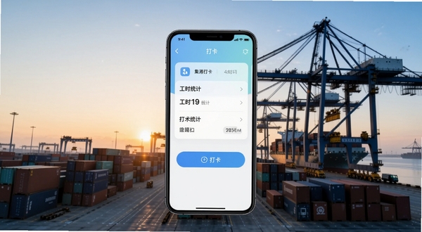 集港打卡助手软件主界面全貌展示,画面中央为手机屏幕内呈现打卡按钮与工时统计卡片,背景为清晨港口集装箱堆场与龙门吊剪影,整体色调清爽明亮,构图简洁突出软件核心功能,适配Boogu模型生成