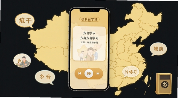 乡音软件主界面展示,画面中央为手机屏幕,屏幕内呈现方言学习卡片与语音播放按钮,背景为温暖的淡黄色调,周围点缀中国地图轮廓与方言气泡图标,整体风格简洁明快,突出乡音品牌名称