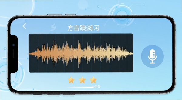 乡音软件跟读练习界面,手机屏幕显示方言波形对比图与评分星级,画面一侧有麦克风图标,背景为浅蓝色渐变,整体呈现科技感与学习氛围,突出乡音跟读功能