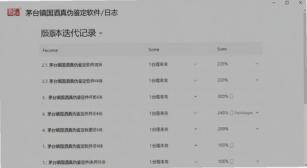 茅台镇国酒真伪鉴定软件更新日志页面展示,版本迭代记录列表,简洁列表式界面设计
