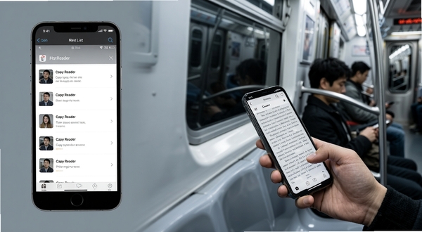 Capy Reader 离线缓存功能场景图,画面左侧为手机界面显示稍后读列表,右侧为地铁车厢内乘客手持手机阅读的画面,色调偏冷灰,突出离线可用与通勤场景,构图简洁