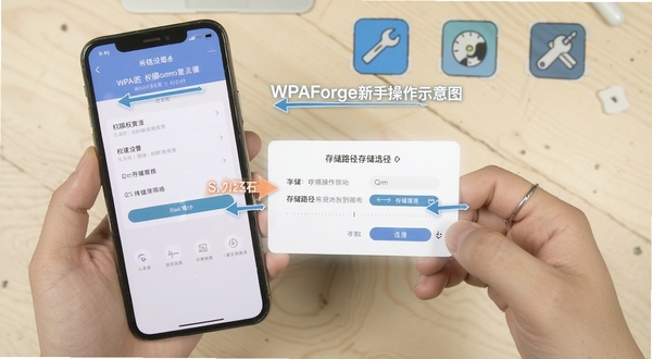 WPAForge新手操作示意图,手机屏幕显示权限设置页面与存储路径选择弹窗,背景为浅色桌面与工具图标,画面清晰明亮,突出操作步骤指引