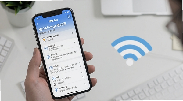 WPAForge问答场景配图,手机屏幕显示帮助中心与常见问题列表,背景为浅灰色办公桌面与无线图标,画面干净整洁,突出信息查阅氛围