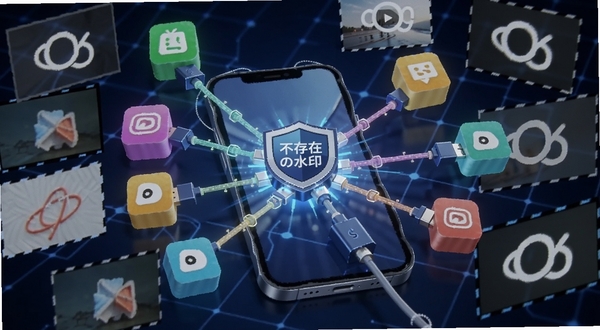 一部手机屏幕中伸出多条发光的数据线连接着不同平台的图标方块,数据线汇聚到手机中央的“不存在の水印”盾牌标志上,周围环绕着已去除水印的干净图片与视频帧,背景为深蓝科技感网格,细节丰富,适合Boogu模型生成