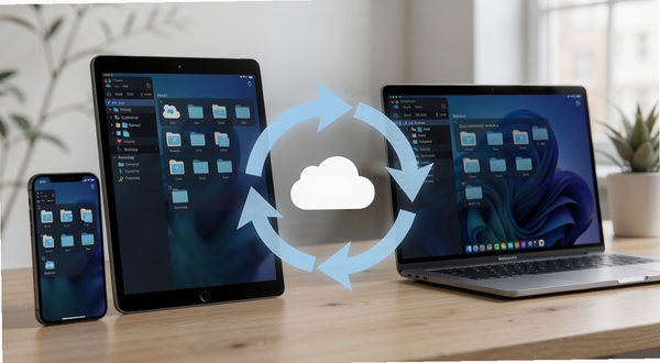 Nextcloud Dev 多设备同步场景,手机、平板与笔记本三块屏幕并排显示同一份文件夹结构,画面中央有淡蓝色同步箭头环绕,背景为简约办公桌面,光线柔和,写实风格,高清质感