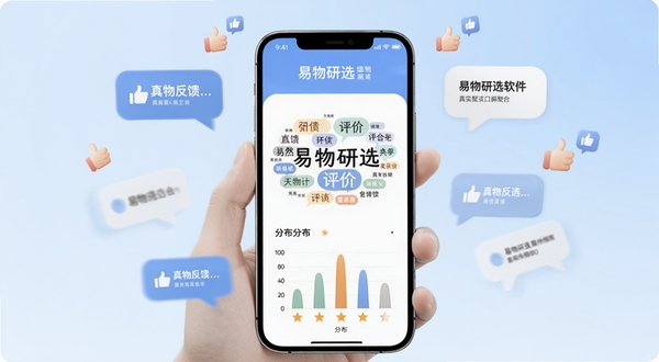 易物研选口碑聚合页面,画面展示手机屏幕内评价标签云与星级分布图表,背景为淡蓝色渐变,周围漂浮对话气泡与点赞图标,整体传达真实反馈与社区口碑感,画面中自然融入易物研选软件名称