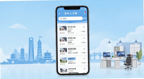 浙中人才网手机应用主界面展示,画面中央是一部竖屏智能手机,屏幕上显示招聘岗位列表和搜索栏,背景为浅蓝色渐变,点缀金华城市剪影与办公场景元素,整体风格清爽简洁,适配Boogu模型生成