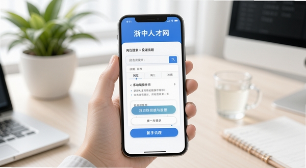 浙中人才网移动端操作指引场景图,画面展示一只手握持手机,屏幕内为岗位搜索与投递流程示意,背景为简洁的办公桌面与绿植,色调柔和明亮,突出新手引导氛围