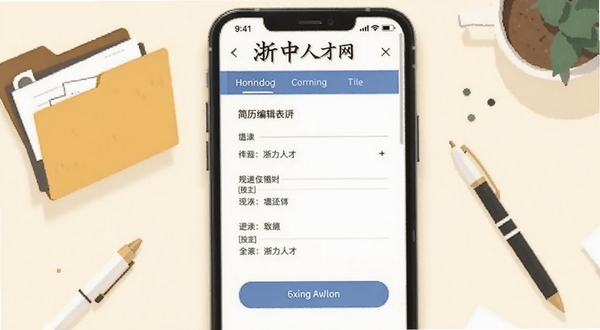 浙中人才网简历编辑页面展示,画面主体为手机屏幕特写,屏幕内呈现简历填写表单与投递按钮,背景为温暖的米白色调,周围散落文件夹与笔的扁平化插画,突出职场办公氛围