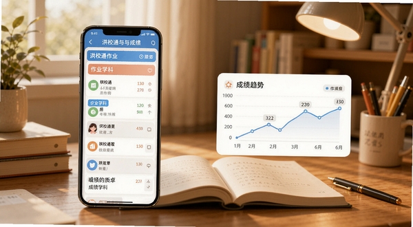 洪校通作业与成绩查询界面展示,手机屏幕中呈现按学科分类的作业清单和成绩趋势折线图,背景为暖色调书房场景,桌面有书本和文具,画面温馨自然,适配Boogu模型生成