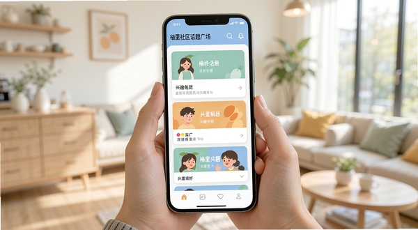 柚里社区话题广场界面,年轻用户在手机上浏览兴趣话题列表,界面清爽,动态卡片排列整齐,背景为明亮室内环境,UI细节清晰,扁平化设计风格,柔和配色