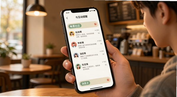 柚里社区私信与互动提醒页面,手机屏幕特写,消息分类清晰,年轻用户手持手机,背景为咖啡馆环境,暖色调光线,界面UI细节真实,扁平插画风格