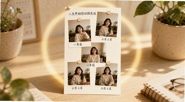 人生照相馆回顾卡片生成效果图,画面中央是一张竖版回忆卡片,卡片上拼贴着一年前拍摄的生活照片并标注日期,卡片周围有柔和光晕,背景为暖色调桌面与绿植,整体风格温馨治愈
