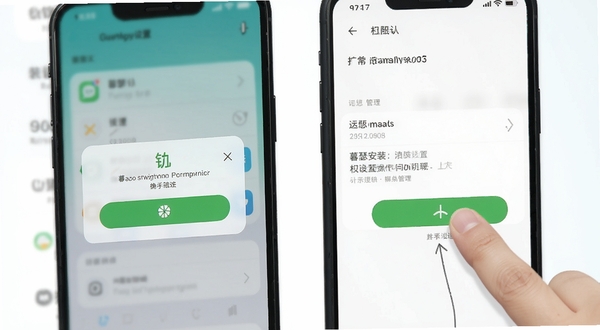 暮瑟安装与权限设置操作示意图,画面展示手机屏幕中的安装确认弹窗与权限管理界面,手指点击允许按钮的动作特写,背景为简洁的系统设置页面,整体色调清爽,突出新手引导与操作提示