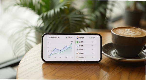 精听训练营APP数据统计页面,手机屏幕上展示正确率折线图与错题本列表,手机平放在咖啡厅木桌上,旁边有一杯拿铁,背景虚化有绿植,风格生活化温暖