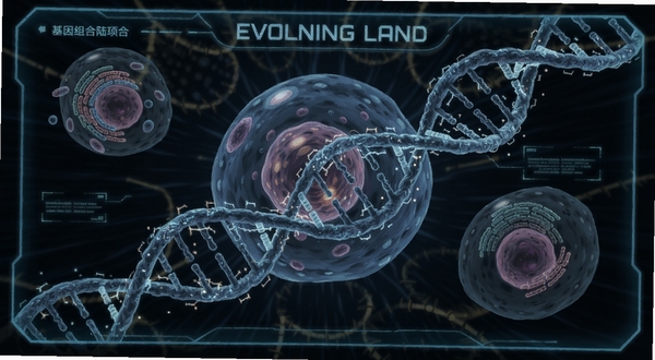 进化大陆Evolving Land基因组合界面展示,微观细胞与DNA螺旋交织的科幻插画风格