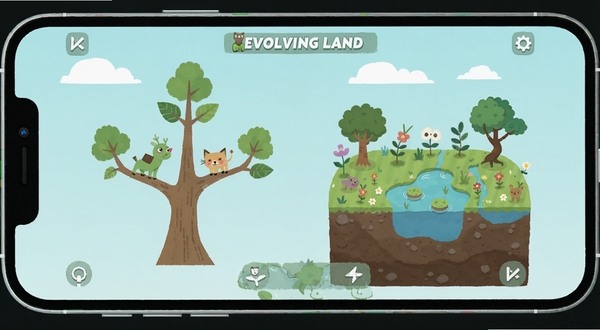 Evolving Land游戏运行界面,手机屏幕上展示进化树与生态系统,清新扁平化插画风格