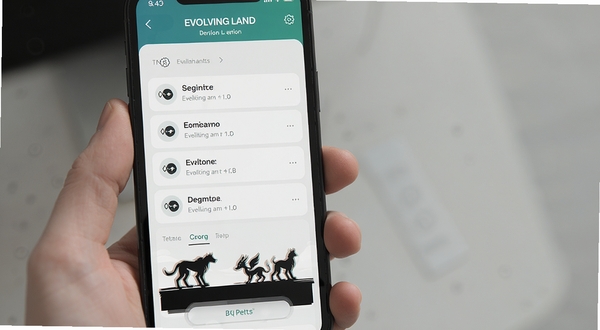 Evolving Land版本更新界面展示,手机屏幕呈现更新日志列表与进化生物剪影,简洁现代UI风格