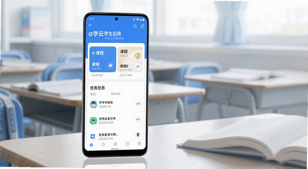 整体画面采用清爽的蓝白配色,画面中央偏左位置放置一部竖屏安卓手机,屏幕内展示e学云学生应用主界面,包含课程卡片与任务列表元素,背景区域为虚化的教室课桌与书本轮廓,光线柔和明亮,风格简洁现代,适合应用商店展示场景
