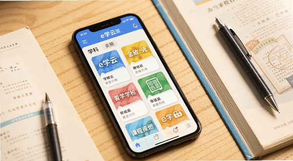 e学云学生应用内课程资源列表页面特写,手机屏幕显示按学科分类的文档卡片,旁边放置几本翻开的课本与一支笔,桌面为浅木色,整体色调温暖,突出学习场景的沉浸感