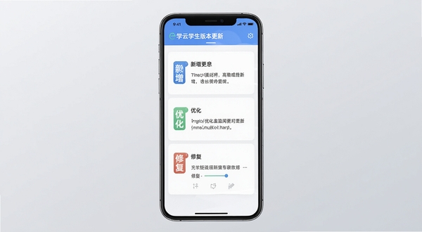 e学云学生版本更新界面示意图,手机屏幕展示更新日志列表,包含新增、优化、修复三类条目,背景为浅灰色渐变,整体风格干净利落,适合软件下载站配图使用