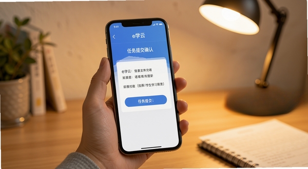 e学云学生移动端操作场景示意图,画面展示一只手握持手机,屏幕内为任务提交确认页面,背景为书桌与台灯,光线偏暖,构图简洁,突出移动学习的便捷性