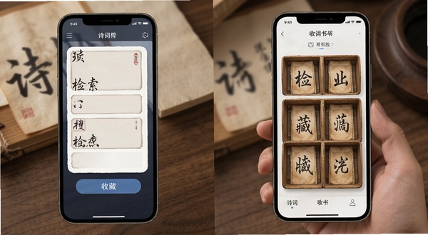 诗词帮应用在手机上的操作界面,展示诗词检索与收藏书架功能布局