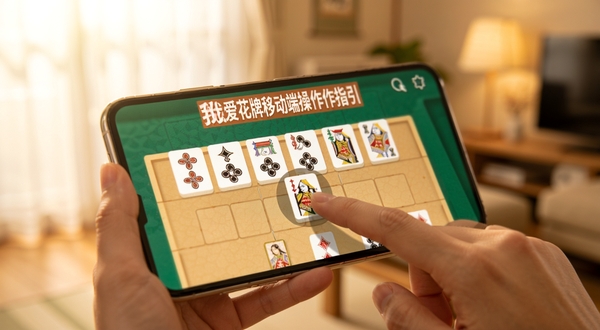 我爱花牌移动端操作指引示意图,画面展示手持手机进行花牌对局的近景,手指正在点击屏幕上的花牌,背景为虚化的室内环境,光线柔和,整体色调温暖,突出操作的便捷与直观