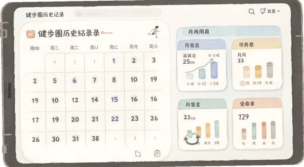 健步圈历史记录页面截图风格插画,展示日历视图和月度数据卡片,配色柔和,突出数据回顾功能