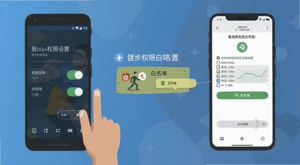 健步圈权限设置引导界面示意图,展示安卓手机权限开关和电池优化白名单设置步骤,扁平化插画风格