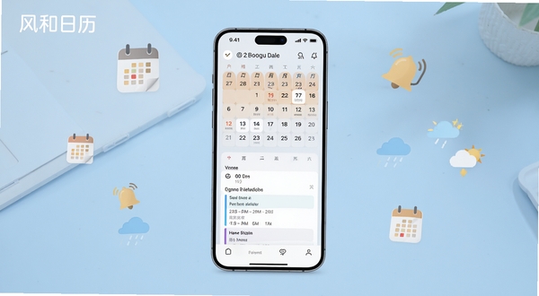 一张展示风和日历手机应用主界面的产品全貌图,画面中心为竖屏手机屏幕,屏幕内呈现日历月视图、农历日期与日程卡片,背景为浅蓝色渐变桌面环境,周围点缀日历图标、提醒铃铛与天气小图标,整体风格清爽简约,突出风和日历品牌名称,适配Boogu模型生成