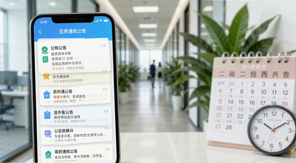画面主体为政务通应用通知公告界面特写,手机屏幕显示多条公告卡片分层排列,背景为虚化的办公走廊与绿植,画面右侧点缀日历与时钟元素,整体色调清爽明亮,突出信息及时触达的视觉感受