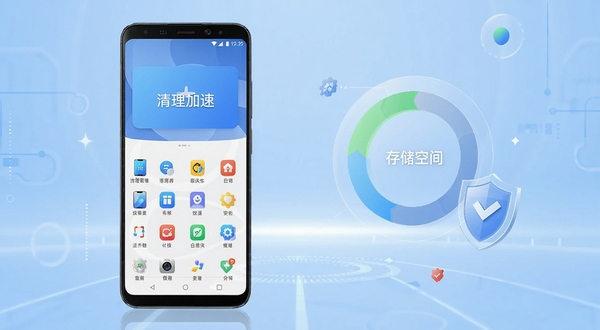 手机管家软件主界面全景展示图,画面中央偏左放置一部竖屏安卓手机,屏幕内清晰呈现手机管家首页的清理加速大按钮和功能图标矩阵,背景为浅蓝色渐变科技感空间,右侧漂浮半透明的存储空间环形图和盾牌安全图标,整体风格简洁明亮,突出手机管家核心功能全貌