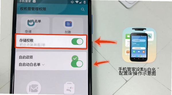 手机管家权限设置与白名单配置操作示意图,画面展示安卓手机设置界面中权限管理页面,高亮标注存储权限和自启动白名单开关位置,旁边配有手机管家图标和箭头指引,背景为浅灰色操作台面风格,整体清晰直观适合新手参照