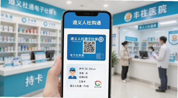 遵义人社通电子社保卡功能界面,手机显示电子社保卡二维码与持卡人信息卡片,背景为药店与医院场景的柔和虚化处理,色调以蓝白为主,体现便捷就医购药体验
