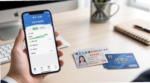 遵义人社通移动端操作指引场景,一只手持手机展示应用内业务办理进度页面,旁边有身份证与社保卡作为辅助元素,背景为简洁的办公桌面,光线柔和,突出实操教学氛围