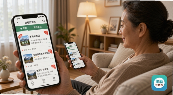 温馨的室内场景,一位中年用户坐在沙发上手持手机浏览“策勒好地方”资讯页面,手机屏幕特写显示本地新闻列表与红色角标提醒,背景为简约家居环境,暖色调灯光,画面右下角自然融入应用图标,写实摄影风格