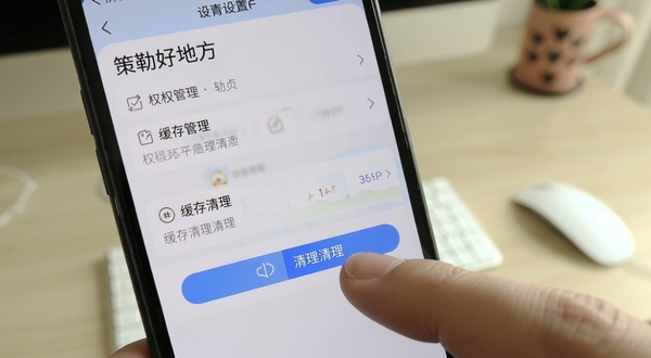 手机屏幕特写画面,显示“策勒好地方”应用设置界面中的权限管理与缓存清理选项,手指正点击清理按钮,背景虚化为桌面环境,画面清晰明亮,突出操作细节,写实风格